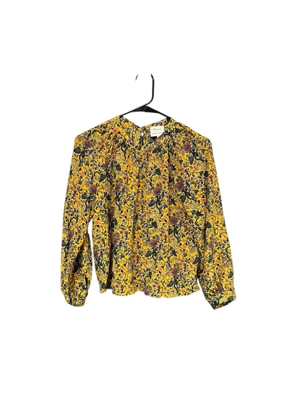 Madewell x Karen Walker Silk Floral Gennaker Top women M yellow tie neck button